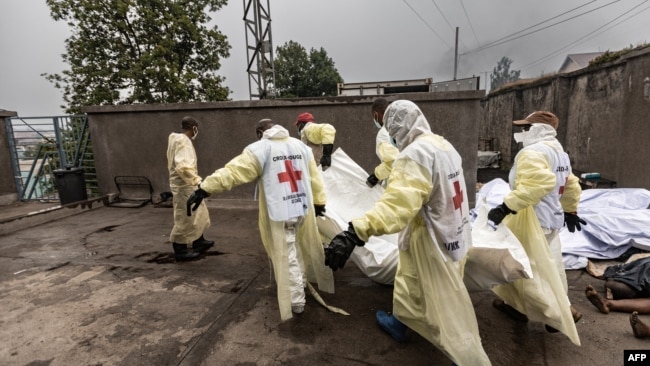 Members of the Congolese Red Cross gather the bodies of victims from the recent clashes at the morgue of the Provincial Hospital of North Kivu in Goma on Jan. 29, 2025.