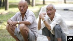 Elderly Chinese men relax in park, Beijing, China