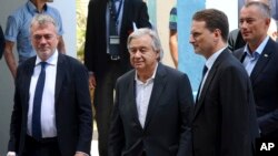 U.N. Secretary-General Antonio Guterres, center, arrives to a press conference at the U.N. Aleppo Elementary school in Beit Lahiya, Gaza Strip, Wednesday, Aug. 30, 2017. Gaza's Hamas rulers welcomed U.N. Secretary-General Antonio Guterres to the isolated territory Wednesday by demanding he work to lift the Israeli-Egyptian blockade of the strip and save it from a humanitarian crisis. 