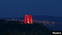A Turkish memorial is seen on the hills overlooking the Canakkale straits, where the first battle of the Gallipoli campaign was fought ahead of the 100th anniversary of the Battle of Gallipoli, in Gallipoli, April 23, 2015. 