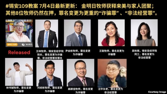 锡安教案中被释放的金明日牧师及其他八位仍被关押的人员(2026年7月4日,由锡安教会提供)