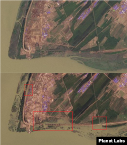 의주군을 촬영한 8월(위)과 18일 자 위성사진 비교. 사각형 부분에서 물이 들어찬 모습을 볼 수 있다. 사진=Planet Labs