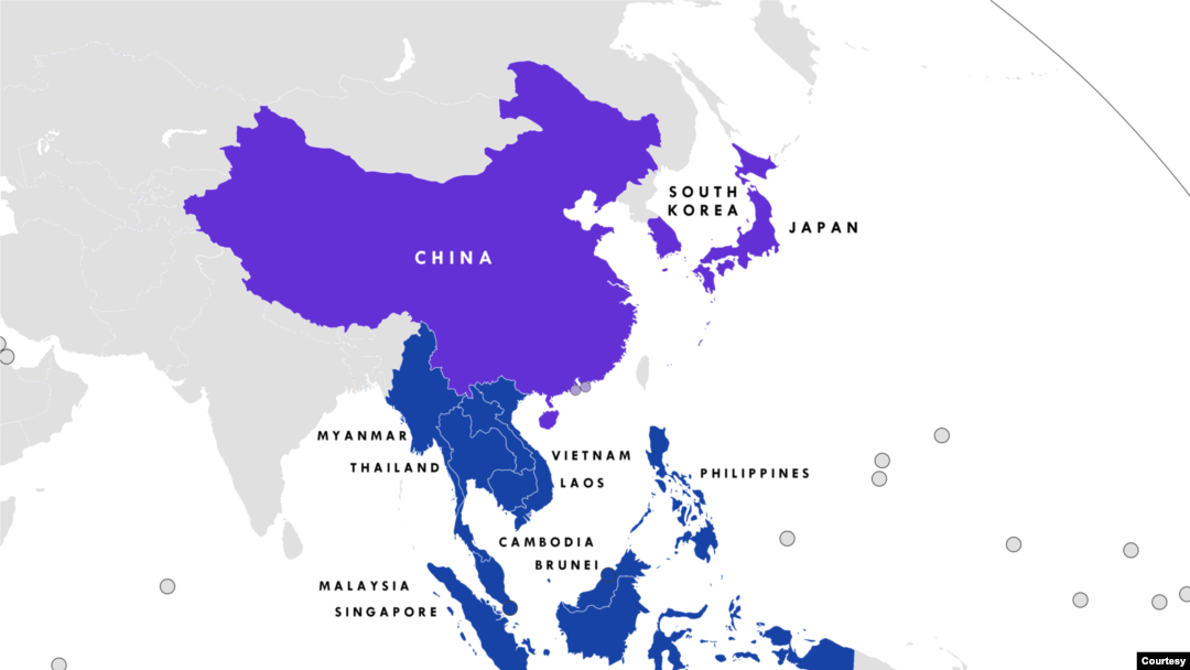 “區域全面經濟夥伴協定”（Regional Comprehensive Economic Partnership，RCEP）成員國分佈圖