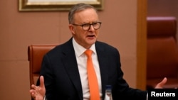 FILE - Australian Prime Minister Anthony Albanese speaks during a meeting with Prime Minister of Singapore Lee Hsien Loong at Parliament House in Canberra, Tuesday, Oct. 18, 2022. 