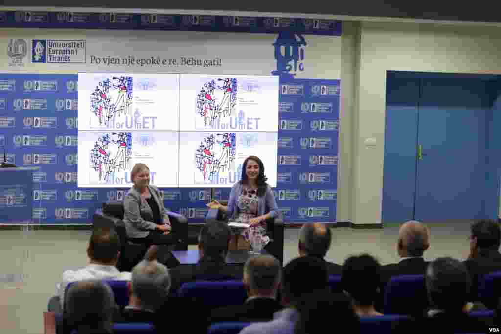 Town hall meeting with VOA Director Amanda Bennett at European University of Tirana, September 26, 2017.