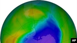 FILE —In this NASA false-color image, the blue and purple shows the hole in Earth's protective ozone layer over Antarctica on Oct. 30, 2023.