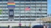 The U.S. Embassy in Seoul displays a Black Lives Matter banner and LGBTQ pride flag, in Seoul, South Korea, June 15, 2020. (William Gallo/VOA)
