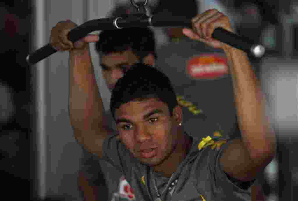 Brazil's Casemiro looks on during a training session in Barranquilla, Colombia, Tuesday, Aug. 2, 2011. Brazil will face Panama in a U-20 World Cup group E soccer game on Thursday. (AP Photo/Fernando Llano)
