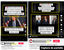 Capturas de pantalla de desinformación en TikTok sobre una supuesta medida que "beneficiaría" a los inmigrantes en 2025.