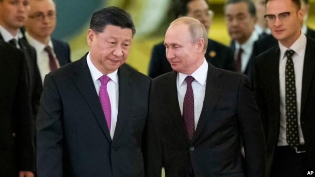 中國領導人習近平與俄羅斯總統普京在莫斯科克里姆林宮。 (美聯社2019年6月5日資料照)