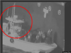 Screengrab from CENTCOM video suggesting Iranian involvement in a tanker attack, June 13, 2019.