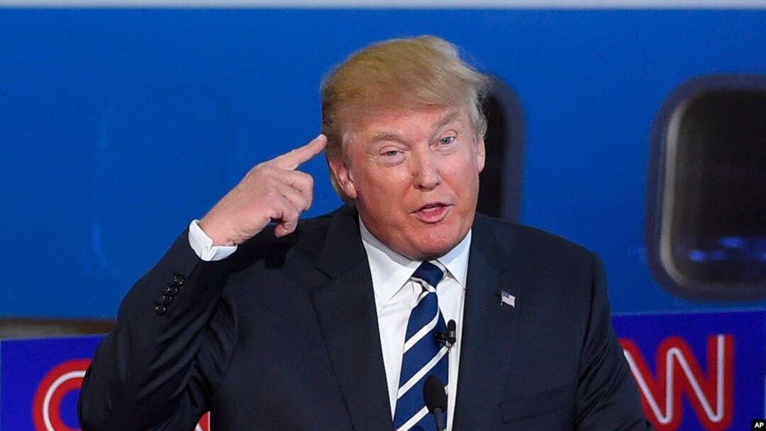 FILE - Republican presidential hopeful Donald Trump speaks during the party's debate for candidates in Simi Valley, Calif., Sept. 16, 2015.