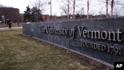 Signage is seen for the University of Vermont, in Burlington, Vermont.