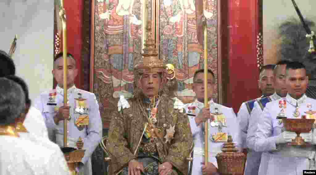 Thailand's King Maha Vajiralongkorn is crowned during his coronation in Bangkok, May 4, 2019, in this still image taken from TV footage.