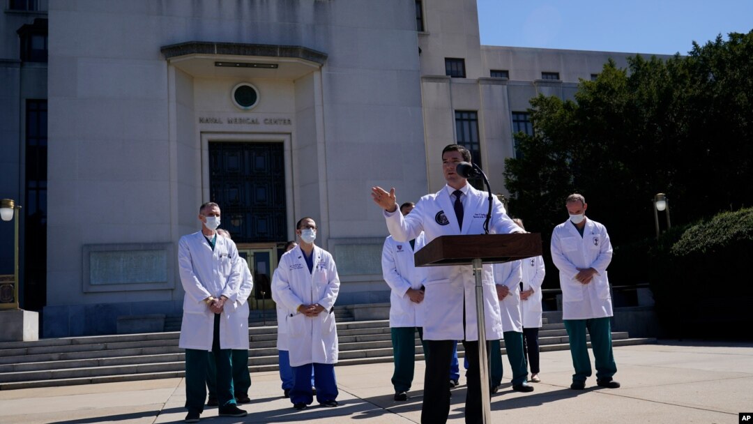 Dr. Sean Conley, physician to President Donald Trump, briefs reporters at Walter Reed National Military Medical Center in Bethesda, Maryland, Oct. 3, 2020. Trump was admitted to the hospital after contracting the coronavirus. 