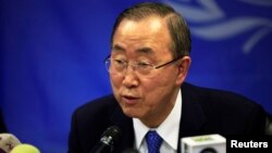 FILE - U.N. Secretary-General Ban Ki-moon speaks during a news conference at the UNMISS base in Juba, May 6, 2014. 