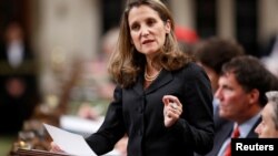 Canada's Foreign Affairs Minister Chrystia Freeland delivers a speech on Canada's foreign policy in the House of Commons on Parliament Hill in Ottawa, Ontario, June 6, 2017.