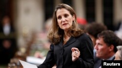 Canada's Foreign Affairs Minister Chrystia Freeland delivers a speech on Canada's foreign policy in the House of Commons on Parliament Hill in Ottawa, Ontario, June 6, 2017. 