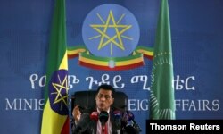 Ethiopia's Ministry of Foreign Affairs spokesperson, Dina Mufti addresses the media during a briefing regarding the current situation of the country in Addis Ababa, May 8, 2021.