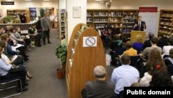 Then U.S. Ambassador to Russia Michael McFaul is seen speaking to Russian citizens at an event at the old American Center in Moscow, Jan. 21, 2013.