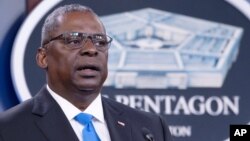 Defense Secretary Lloyd Austin speaks at a press briefing at the Pentagon, Wednesday, July 21, 2021 in Washington. (AP Photo/Kevin Wolf)