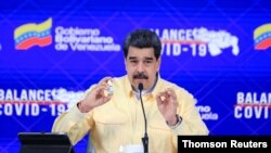 El presidente de Venezuela, Nicolás Maduro, habla durante la presentación del Carvativir en Caracas, Venezuela, el 24 de enero de 2021. [Foto: Palacio de Miraflores vía Reuters]