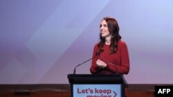 New Zealand Prime Minister Jacinda Ardern speaks at the Labour Election Day party after the it won New Zealand's general election, in Auckland, New Zealand, Oct. 16, 2020. 