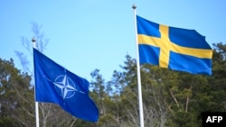 The NATO flag is raised next to a flag of Sweden (R) at a ceremony at the Musko navy base in Stockholm on March, 2024, to mark the entry of Sweden in the alliance.