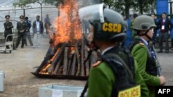 FILE: Seized rhinoceros horns are burned as policemen stand guard during the country's first mass destruction of seized horns and tusks held in the suburbs of Hanoi. Taken Nov. 12, 2016. 