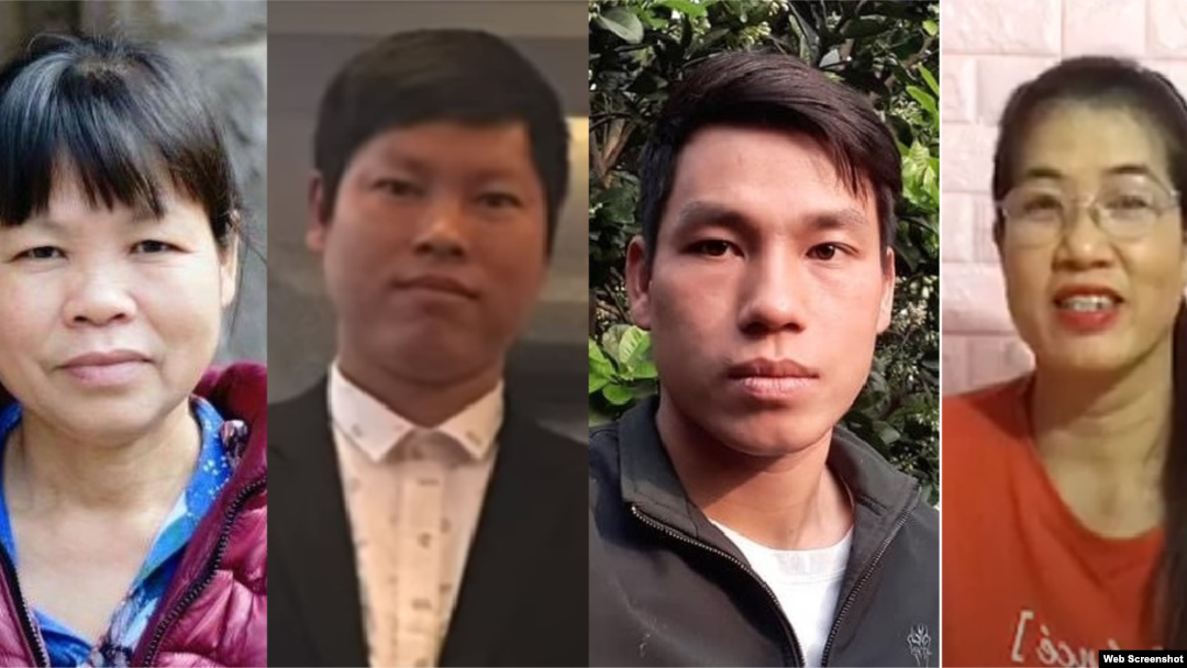 Từ trái sang, bà Cấn Thị Thêu, anh Trịnh Bá Phương, anh Trịnh Bá Tư, bà Nguyễn Thị Tâm, bị bắt ngày 24-06-2020. Photo Facebook và YouTube.