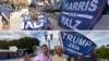 Tanto el partido demócrata como el republicano están tratando de cautivar el voto latino. Este domingo, voluntarios hispanos de la campaña de Kamala Harris (arriba) y Donald Trump (abajo) recorrieron las calles de Miami, Florida.