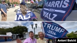 Tanto el partido demócrata como el republicano están tratando de cautivar el voto latino. Este domingo, voluntarios hispanos de la campaña de Kamala Harris (arriba) y Donald Trump (abajo) recorrieron las calles de Miami, Florida.