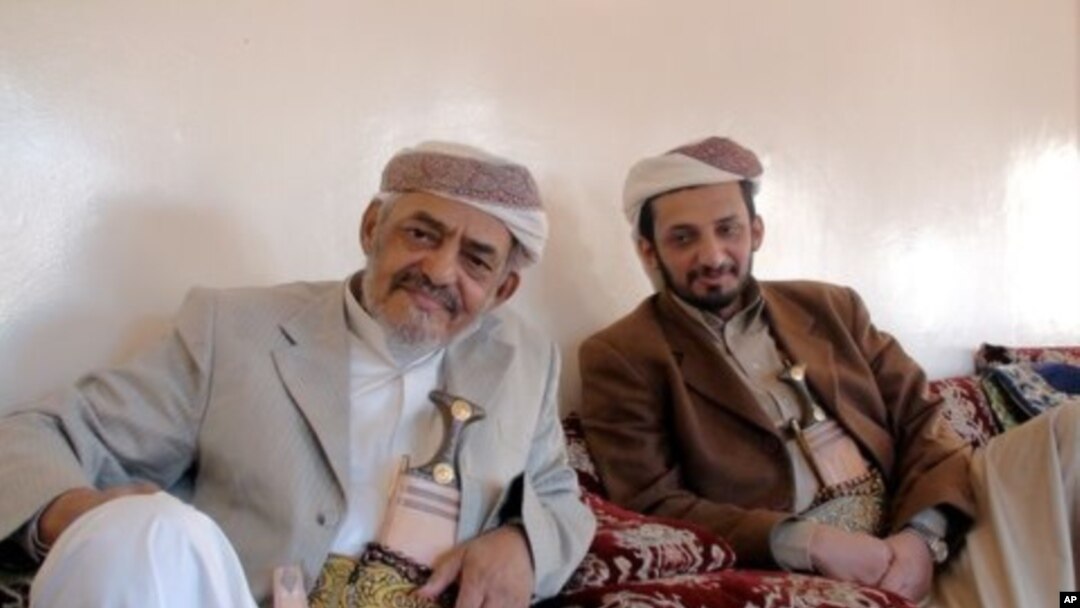 Tribal leader Sheikh Ghaleb al-Ashdaa of the Murad, and his son Khaled
al-Ashdaa, in Sana'a. Both men favor government negotiations with
Yemeni militants. January 10, 2010.