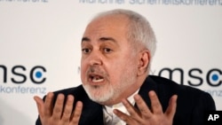 Iranian Foreign Minister Mohammad Javad Zarif speaks on the second day of the Munich Security Conference in Munich, Germany, Saturday, Feb. 15, 2020.