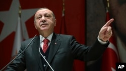 Turkey's President Recep Tayyip Erdogan addresses to his ruling party's provincial leaders in Ankara, Turkey, Nov. 17, 2017. 