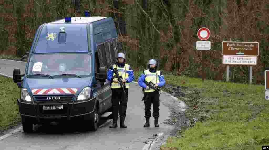 French gendarmes block the access to the city of Dammartin-en-Goele, France, on Jan. 9, 2015.