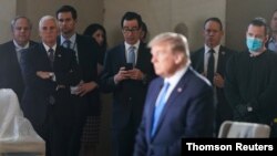 President Donald Trump participates in coronavirus disease (COVID-19) live town on hall on America returning to work held at Lincoln Memorial in Washington