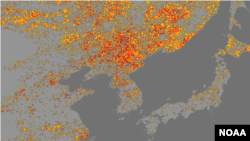 미국 국립해양대기청(NOAA)이 지난 6일부터 12일 사이 위성사진을 토대로 분석한 한반도 주변 가뭄 지수(Drought index) 분포도. 가뭄의 정도에 따라 '중간'과 '높음', '심각' 수준을 뜻하는 노란색, 빨간색, 검붉은색 점이 한반도 북부 지대에 집중적으로 나타난다.