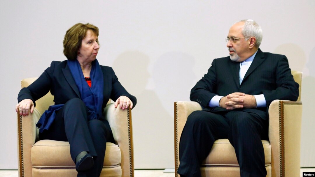 Nhà ngoại giao hàng đầu của Liên hiệp Âu Châu Catherine Ashton và Bộ trưởng Ngoại giao Iran Mohammad Javad Zarif tại Trụ sở Liên hiệp Châu Âu tại Geneva.