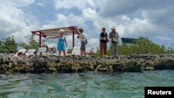 U.S. "people-to-people" tourists stand beside a natural sea pool in the Zapata Swamp in southern Cuba, April 7, 2012.