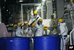 FILE - Para petugas mengenakan pakian hazmat, bekerja di dalam fasilitas dengan peralatan untuk menghilangkan bahan radioaktif dari air yang terkontaminasi di pembangkit listrik tenaga nuklir Fukushima Daiichi di kota Okuma, timur laut Jepang, Kamis, 3 Maret, 2022. (AP/Hiro Komae, File)