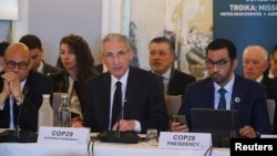 FILE - COP 29 President, Mukhtar Babayev, delivers remarks at the Copenhagen Climate Ministerial, in Helsingor, Denmark, March 21, 2024