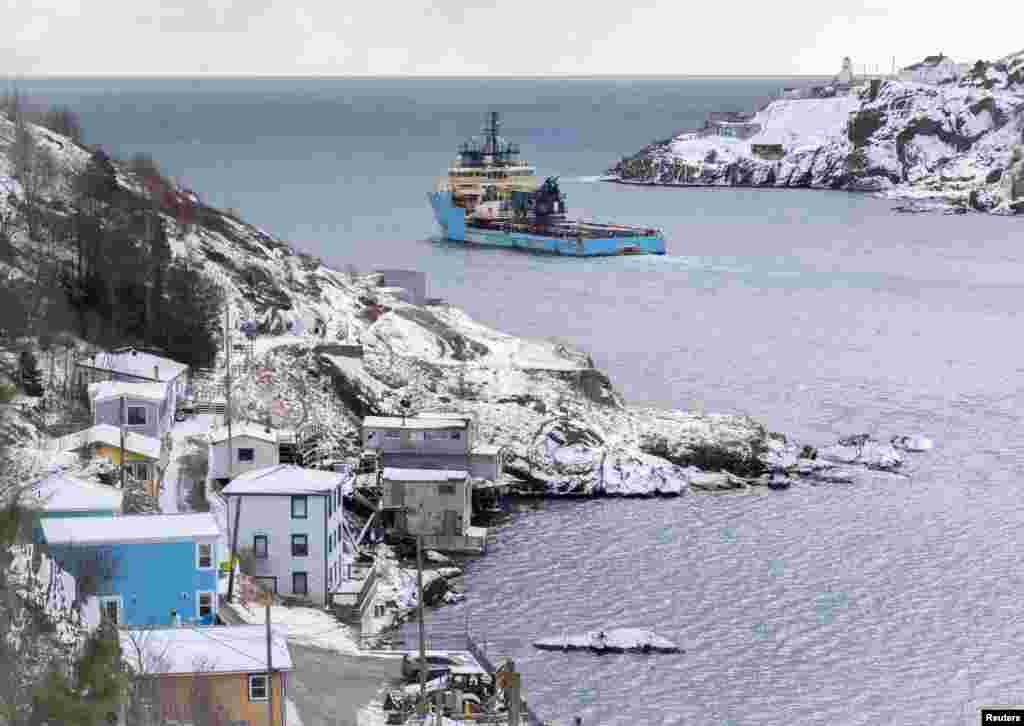 An offshore oil rig support vessel leaves the harbor at St. John&#39;s, Newfoundland, Canada, Feb. 2, 2025 after tariffs were imposed by the U.S. on Canadian exports.