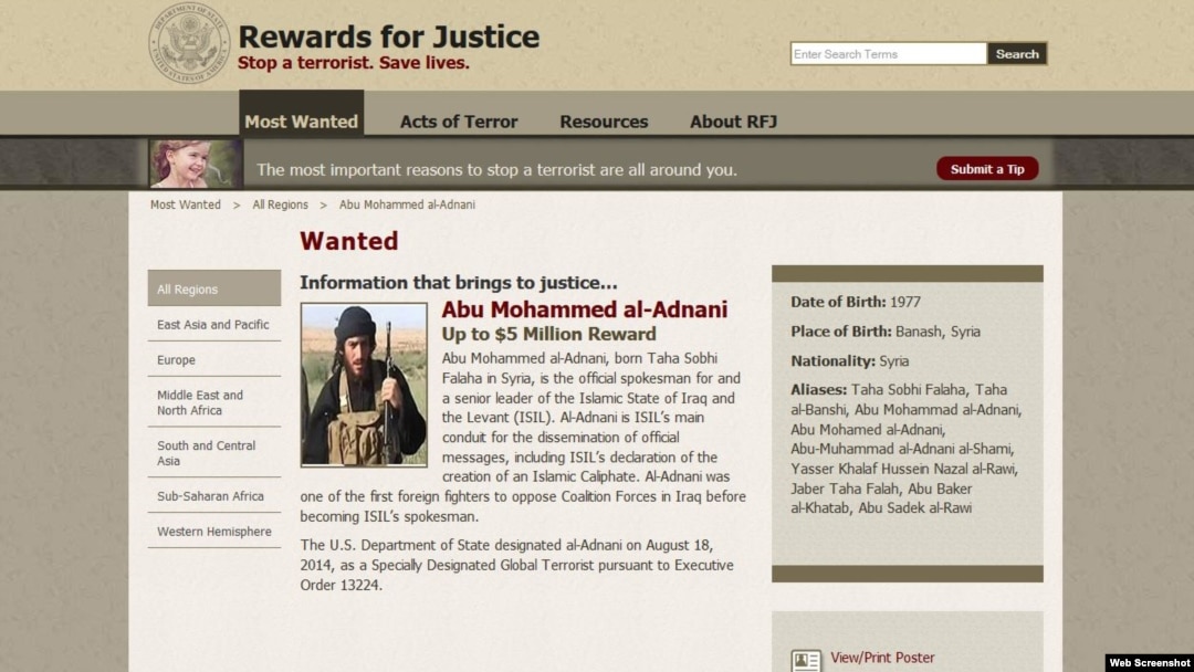 This screenshot from the U.S. State Department's website details the reward being offered for information on Abu Mohammed al-Adnani, the official spokesman for the Islamic State group.