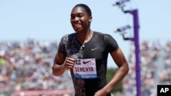 FILE - South Africa's Caster Semenya smiles after winning the women's 800-meter race during the Prefontaine Classic in Stanford, Calif. on June 30, 2019.