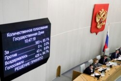 FILE - Russian lawmakers vote on a third reading of constitutional amendments at the State Duma, the Lower House of the Russian Parliament in Moscow, Russia, March 11, 2020.