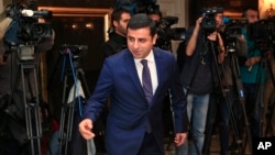 FILE - Selahattin Demirtas is pictured in Istanbul, Oct. 28, 2015. A former HDP co-leader who has been in prison since 2016, he says he'll use his influence to try to get the PKK to give up armed resistance if Recep Tayyip Erdogan is defeated in Turkish elections next month.