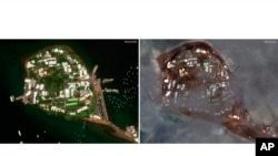 Kombinasi foto yang menunjukkan citra satelit dari area Pelabuhan Dzaoudzi di wilayah Mayotte sebelum dan sesudah diterpa Topan Chido. (Foto: Maxar Technologies via AP)