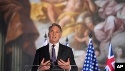 Australian Defense Minister Richard Marles speaks during a news conference at the AUKUS Defense Ministers Meeting at Old Royal Naval College, Greenwich, London, Sept. 26, 2024.