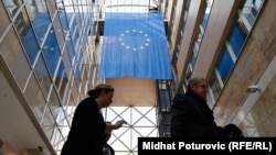 Bosnia and Herzegovina -- The flag of European Union (EU) inside the building of the Delegation of EU in Bosnia and Herzegovina, in Sarajevo, March 17, 2017